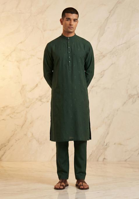 Forest Green Embroidered Handwork Kurta Set