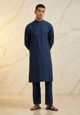 Navy Blue Silk Blend Handwork Kurta Set