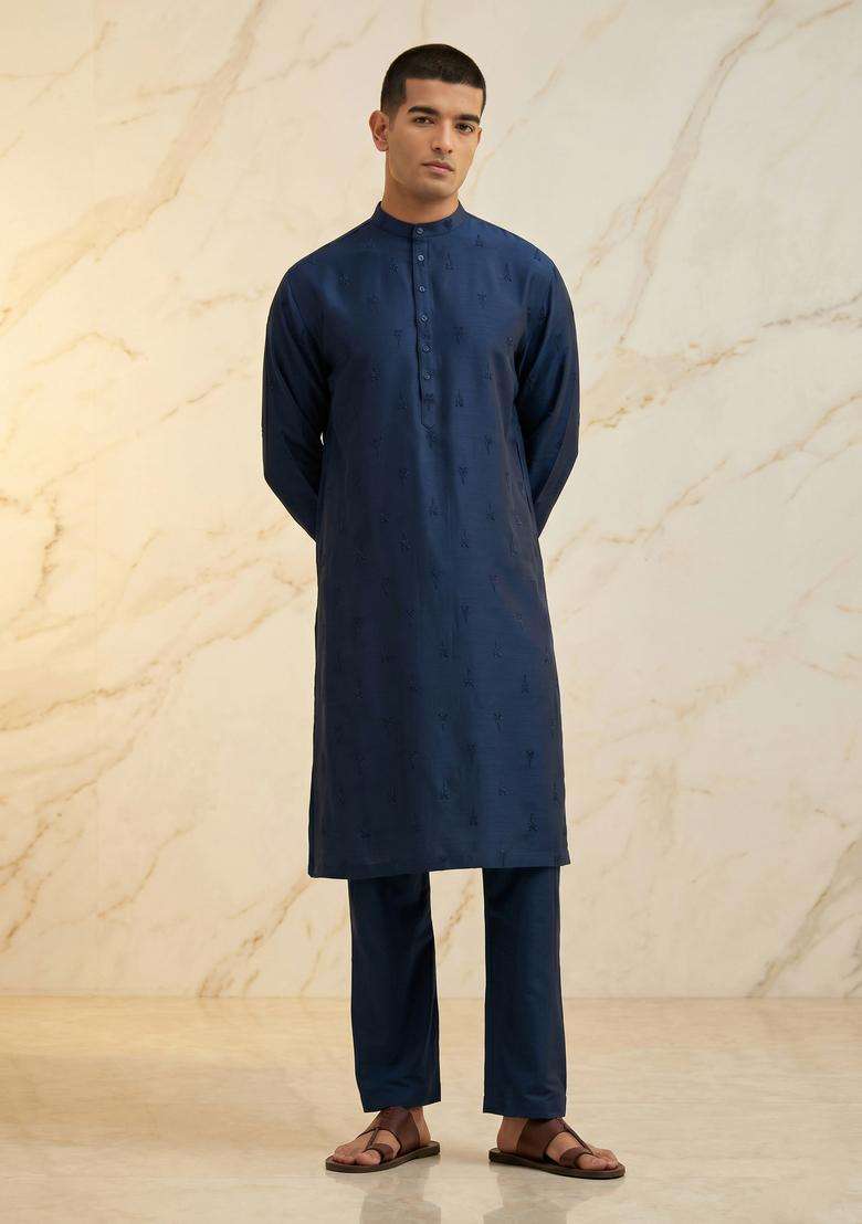 Navy Blue Silk Blend Handwork Kurta Set - Indya