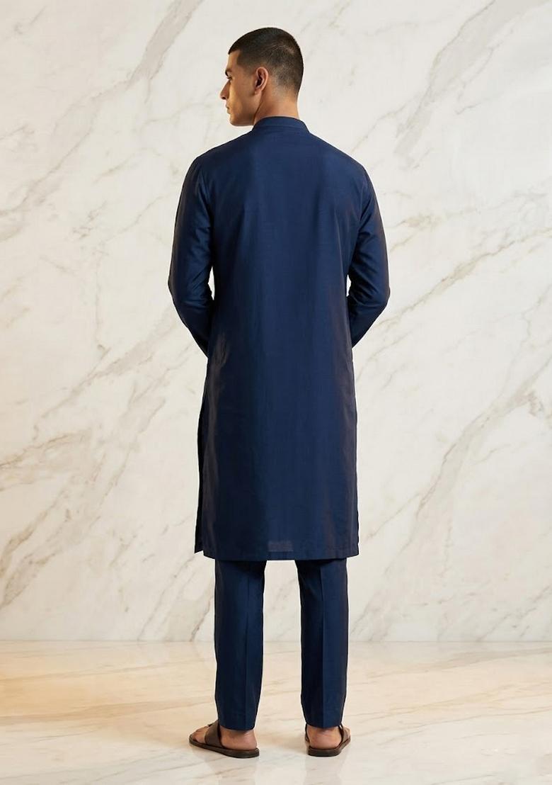 Navy Blue Silk Blend Handwork Kurta Set - Indya
