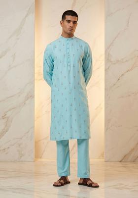 Sky Blue Silk Blend Handwork Kurta Set