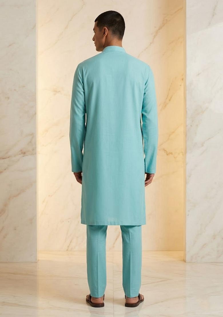 Sky Blue Silk Blend Handwork Kurta Set - Indya