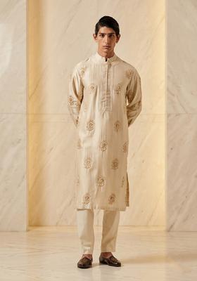Beige Satin Handwork Kurta Set