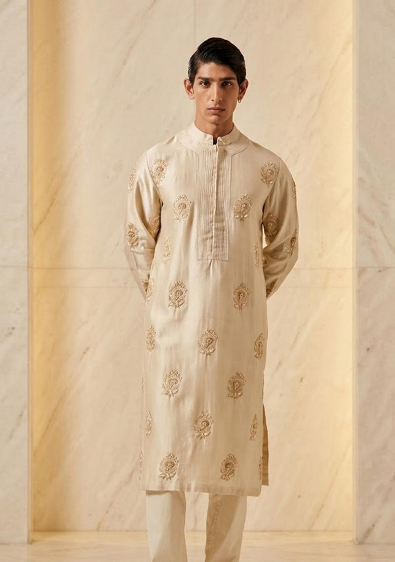 Beige Satin Handwork Kurta Set - Indya