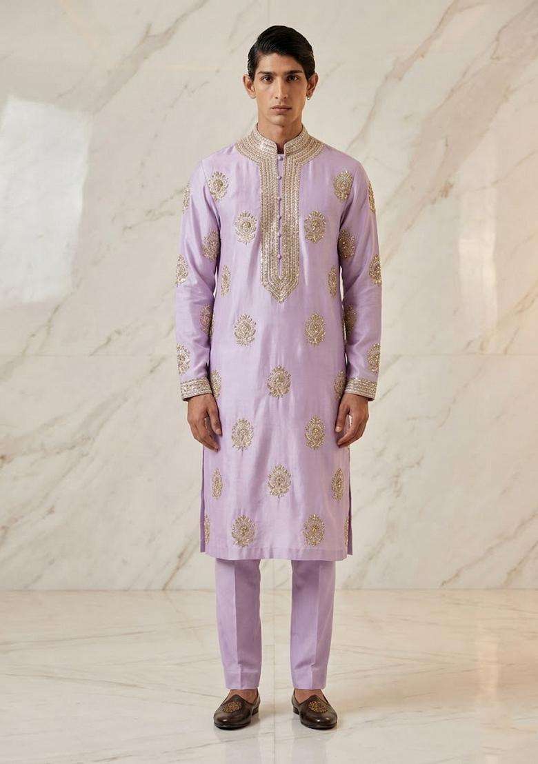 Lilac Satin Handwork Kurta Set - Indya