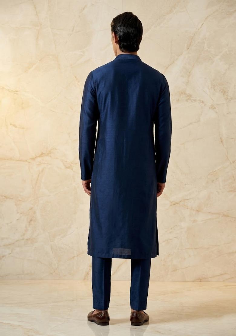 Navy Blue Satin Handwork Kurta Set - Indya