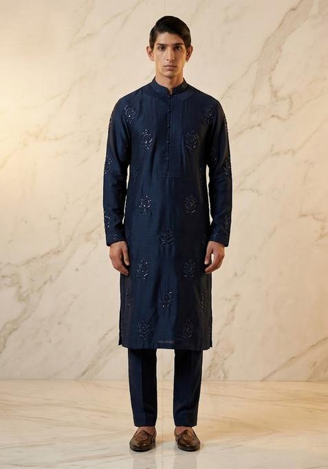 Navy Blue Embroidered Handwork Kurta Set