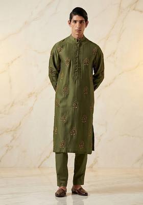 Olive Green Satin Handwork Kurta Set