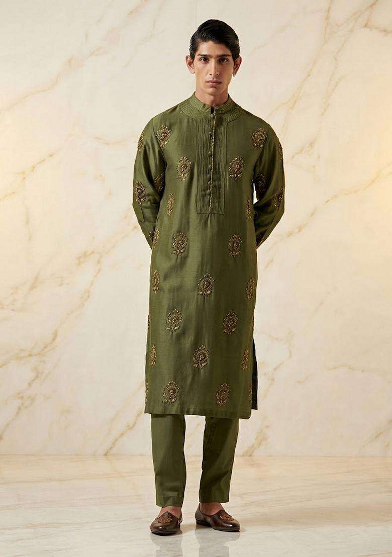 Olive Green Satin Handwork Kurta Set - Indya