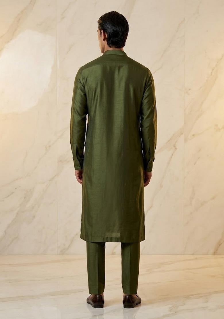 Olive Green Satin Handwork Kurta Set - Indya