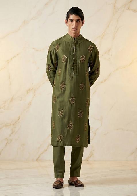 Olive Green Embroidered Handwork Kurta Set
