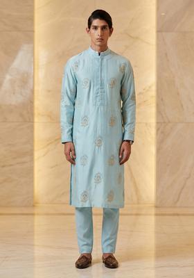 Sky Blue Satin Handwork Kurta Set