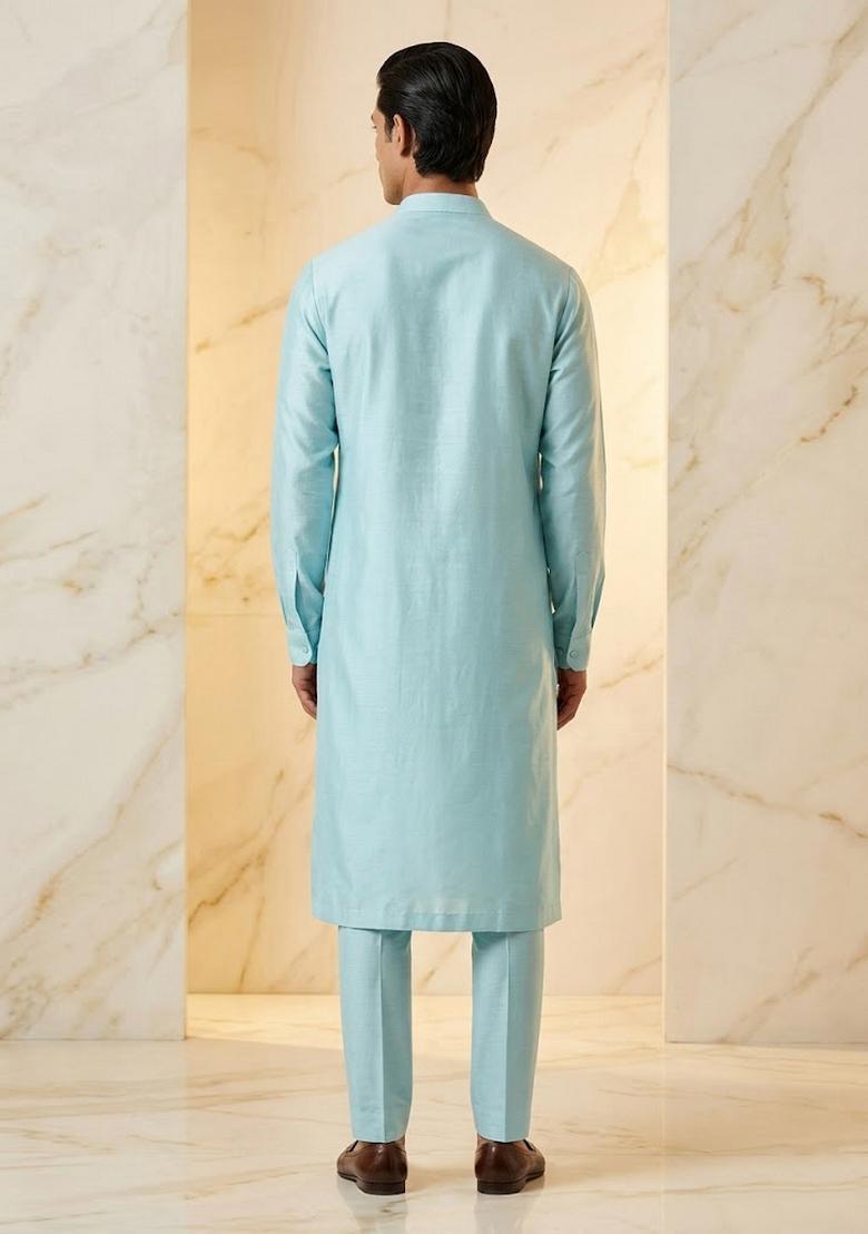 Sky Blue Satin Handwork Kurta Set - Indya