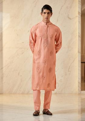 Peach Satin Handwork Kurta Set