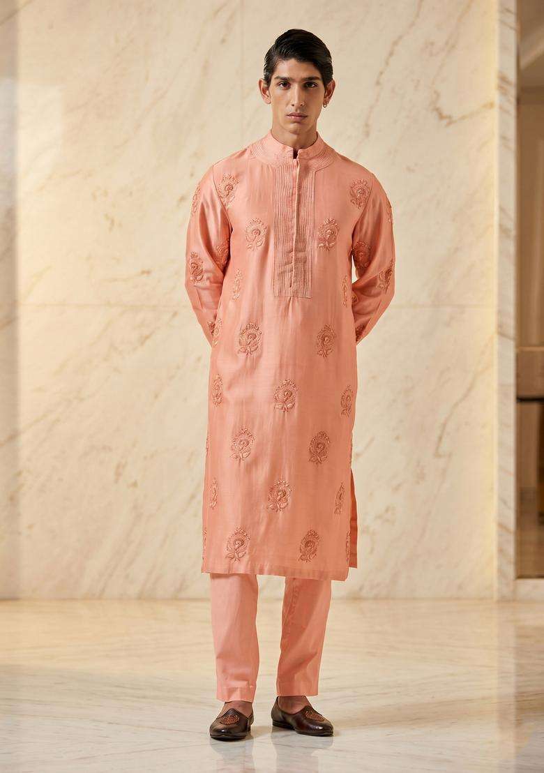 Peach Satin Handwork Kurta Set - Indya