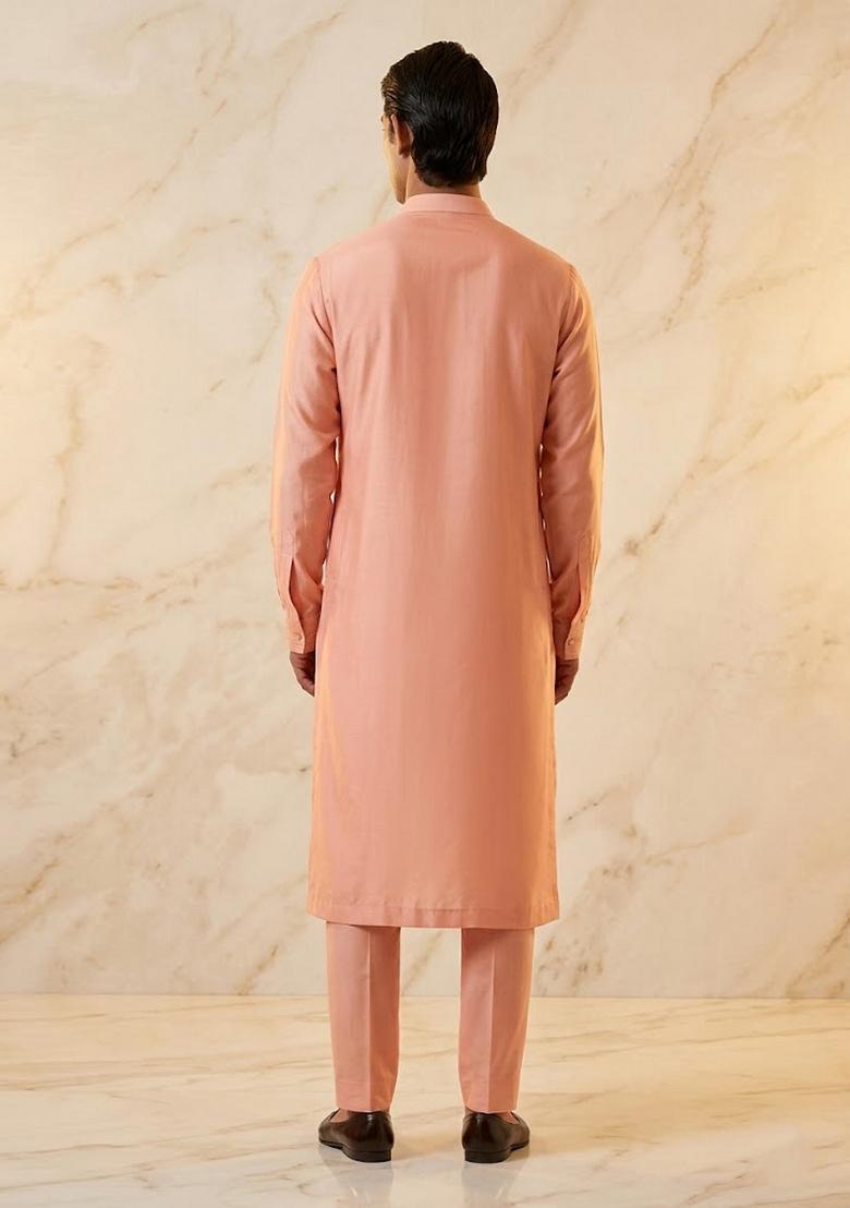 Peach Satin Handwork Kurta Set - Indya