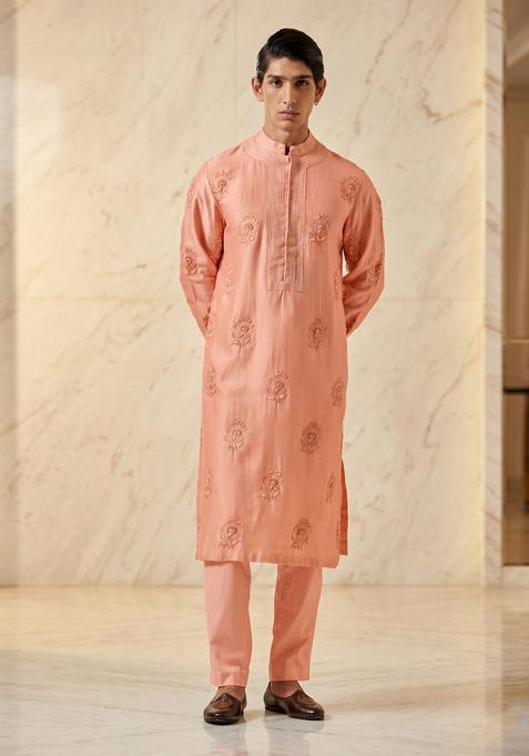 Peach Embroidered Handwork Kurta Set