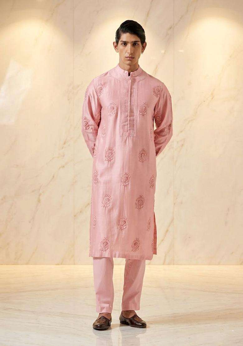 Pink Satin Handwork Kurta Set - Indya