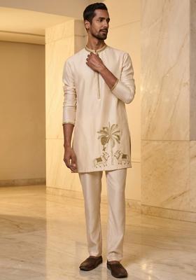 Beige Satin Handwork Kurta Set