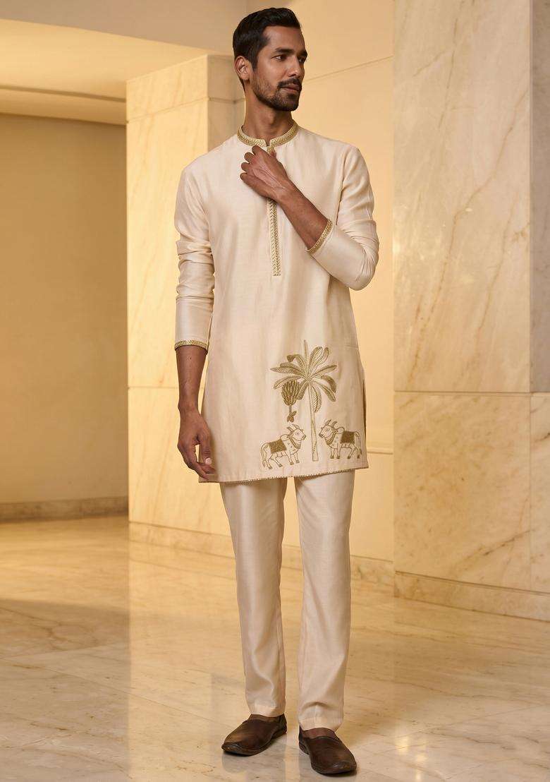 Beige Satin Handwork Kurta Set - Indya