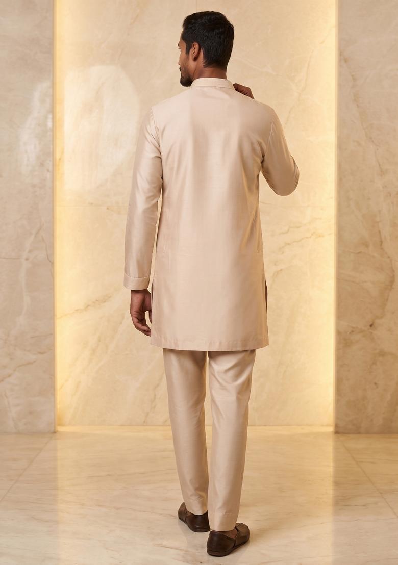 Beige Satin Handwork Kurta Set - Indya