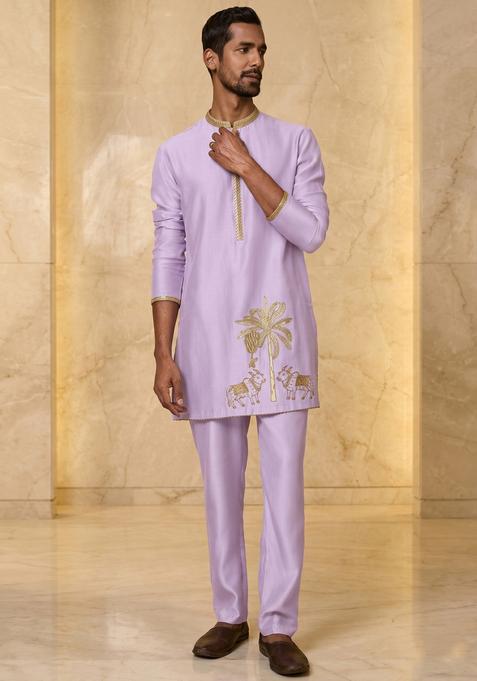 Lilac Embroidered Handwork Kurta Set