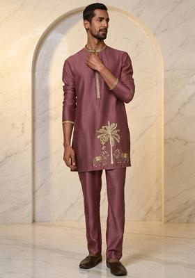 Brown Satin Handwork Kurta Set