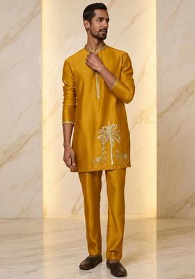 Mustard Satin Handwork Kurta Set