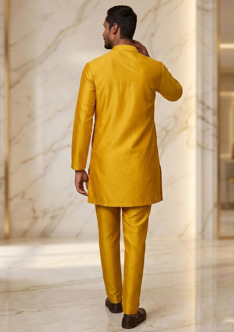 Mustard Satin Handwork Kurta Set - Indya