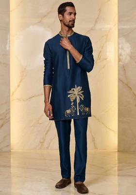 Navy Blue Satin Handwork Kurta Set