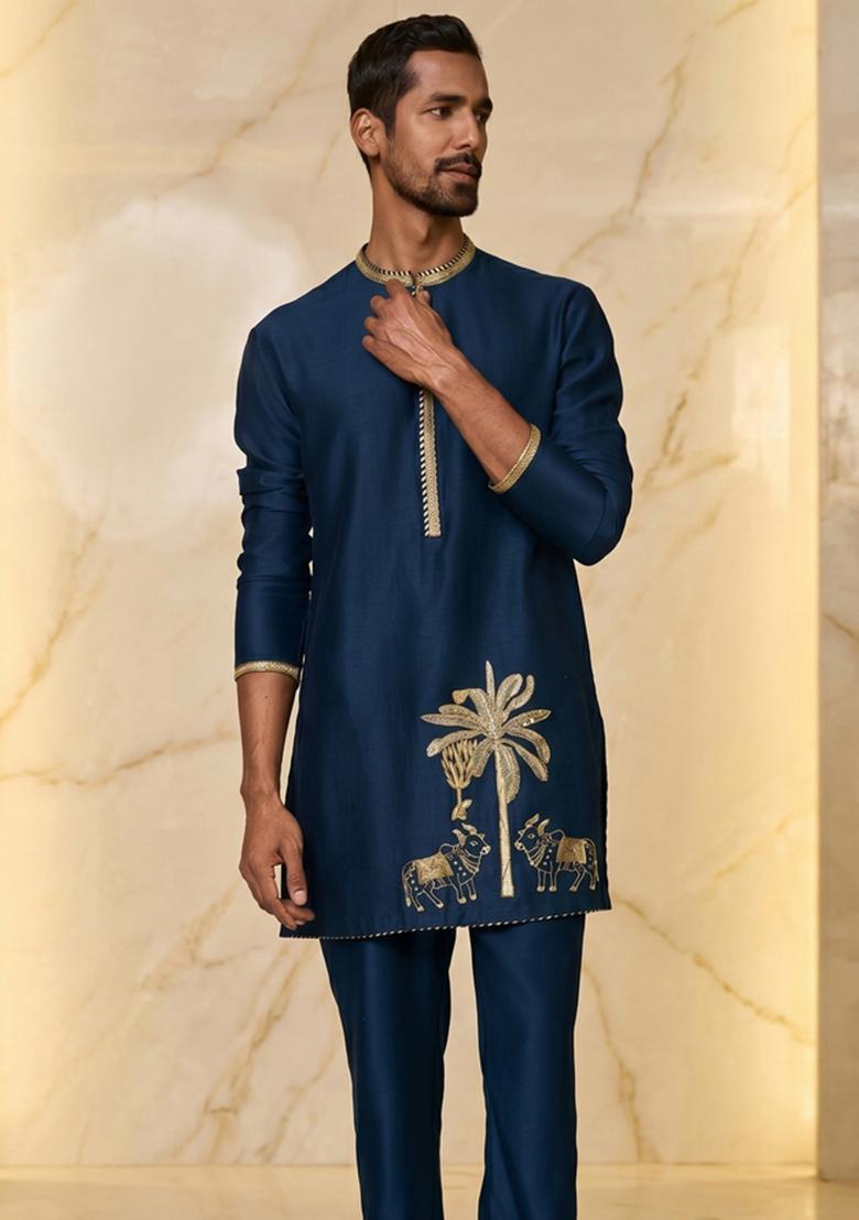 Navy Blue Satin Handwork Kurta Set - Indya