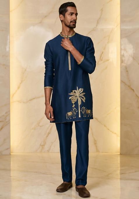 Navy Blue Embroidered Handwork Kurta Set