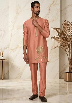 Peach Satin Handwork Kurta Set