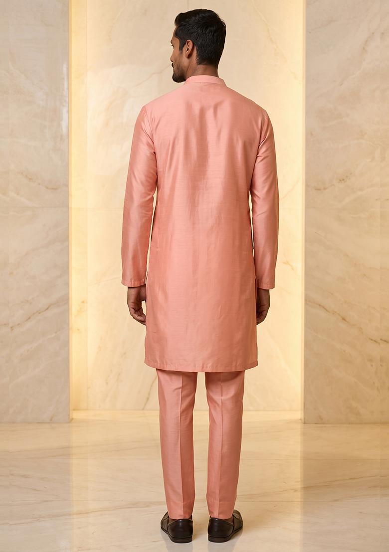 Peach Satin Handwork Kurta Set - Indya