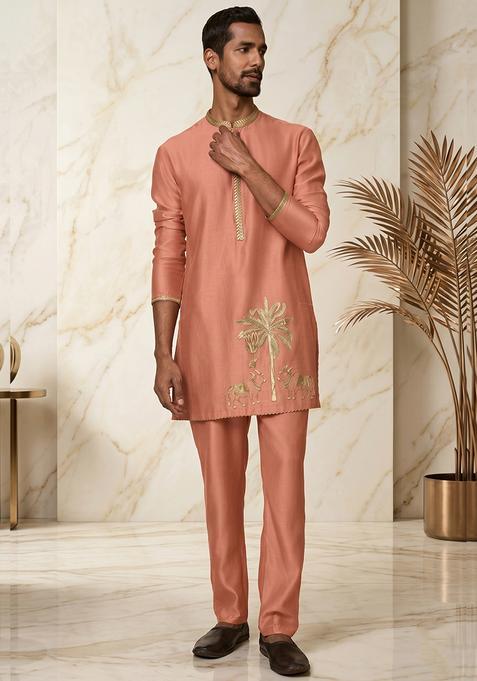 Peach Embroidered Handwork Kurta Set