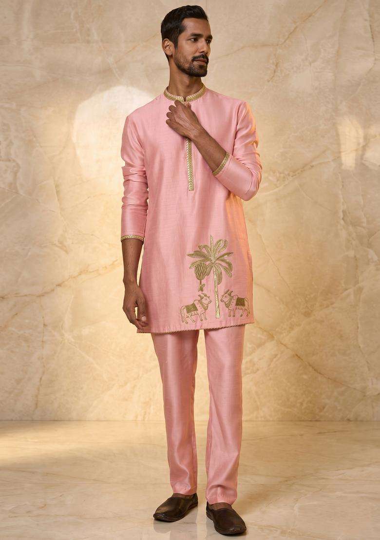 Pink Satin Handwork Kurta Set - Indya