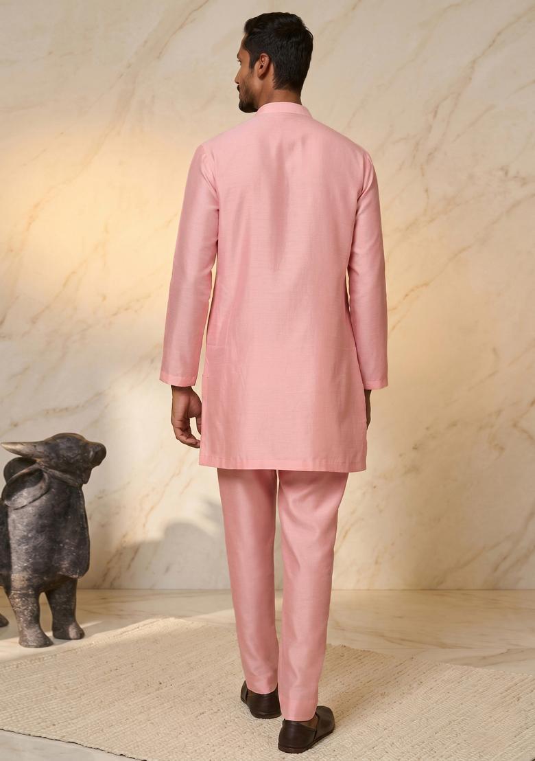 Pink Satin Handwork Kurta Set - Indya