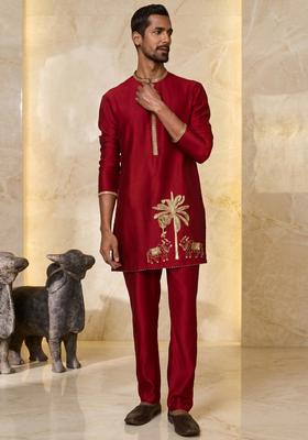 Red Satin Handwork Kurta Set