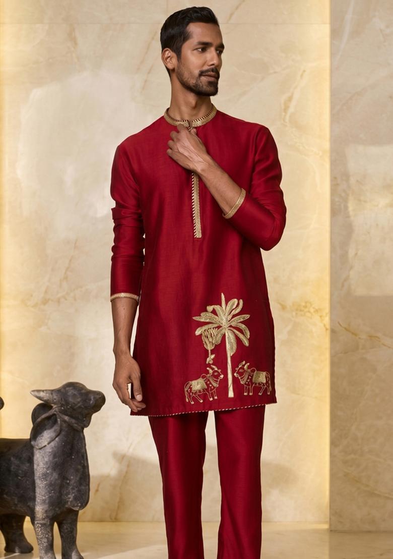 Red Satin Handwork Kurta Set - Indya