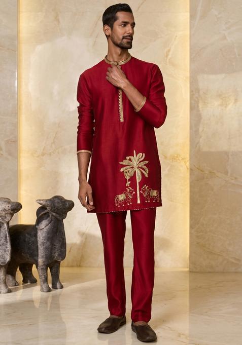 Red Embroidered Handwork Kurta Set