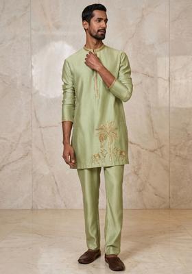 Sage Green Satin Handwork Kurta Set