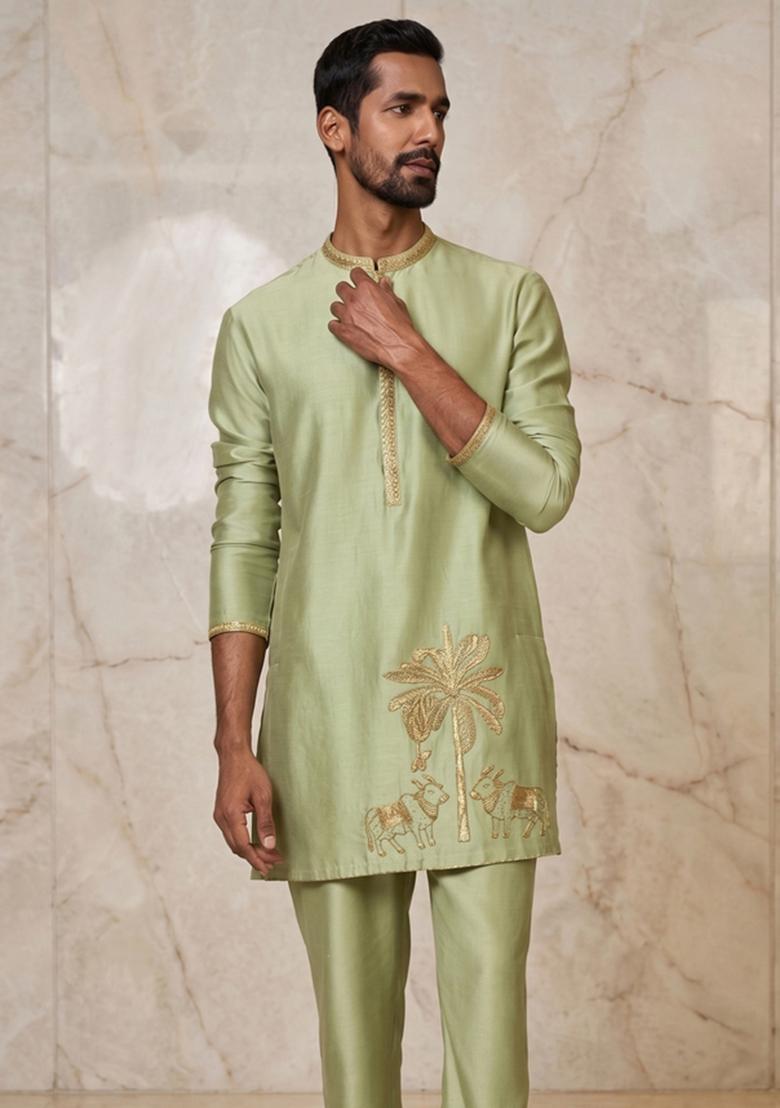 Sage Green Satin Handwork Kurta Set - Indya