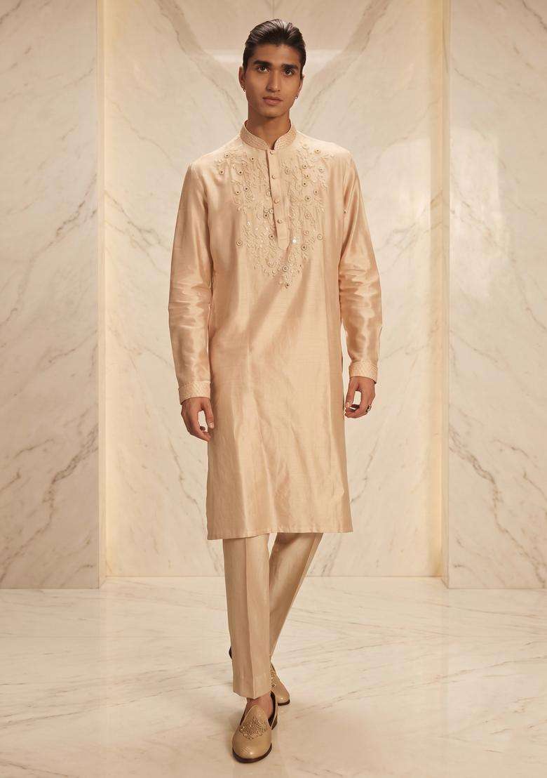Beige Silk Blend Handwork Kurta Set - Indya