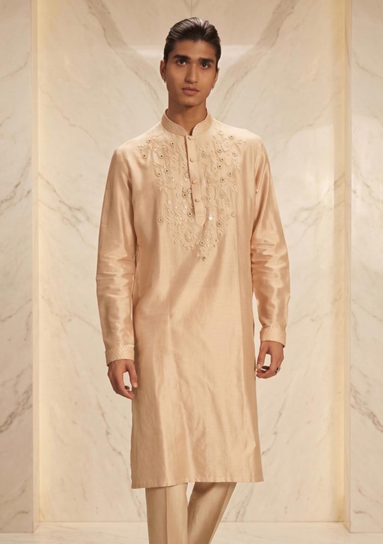 Beige Silk Blend Handwork Kurta Set - Indya