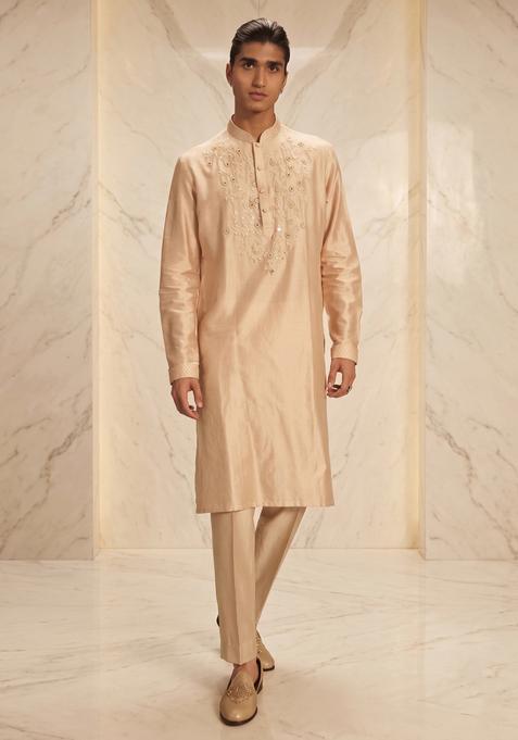 Beige Embroidered Handwork Kurta Set