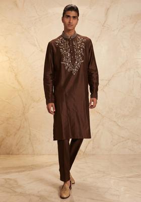 Brown Silk Blend Handwork Kurta Set