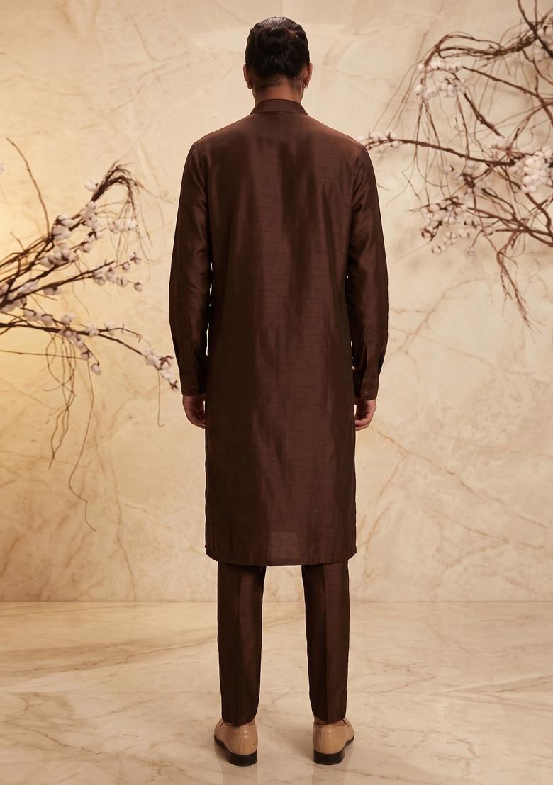 Brown Silk Blend Handwork Kurta Set - Indya