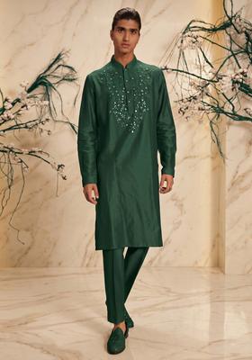 Forest Green Silk Blend Handwork Kurta Set
