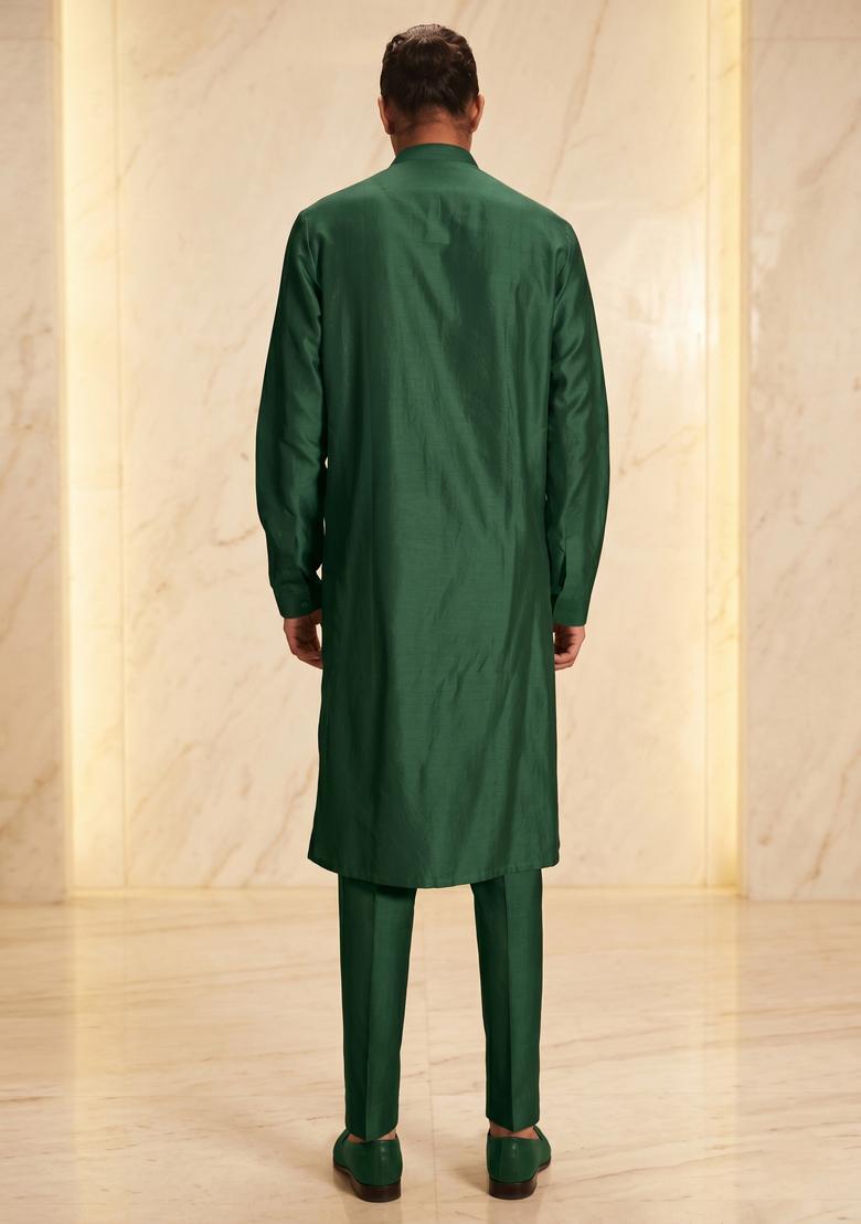 Forest Green Silk Blend Handwork Kurta Set - Indya