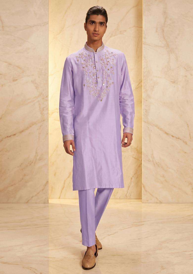 Lilac Silk Blend Handwork Kurta Set - Indya